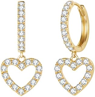 Pave Diamond Dangle Hoop Earrings in 14K Yellow Gold with Heart Design for Women and Girls