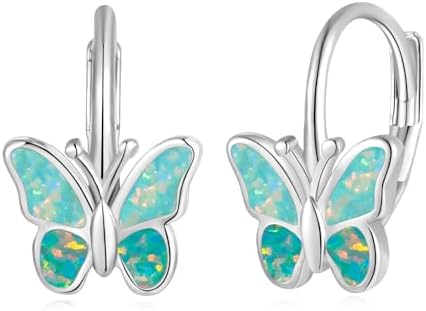 Opal Butterfly Earrings Gold Plated or Rose Gold Plated Leverback Earrings Cute Jewelry Huggie Hoop Earrings for Women Girls