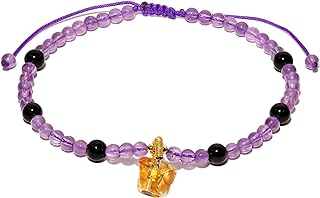Wizock Reiki Women's Amethyst and Obsidian Stone Bead Chain Anklet with Citrine Charms - Energy Enhancing Beach Foot Jewelry, No Clasp Design, Made from Copper