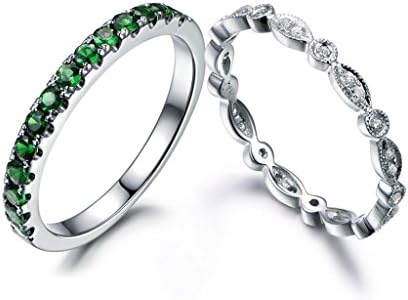 14k White Gold 2mm Round Cut Green Tsavorite Stone Wedding Band Diamond Anniversary Stackable Ring Set