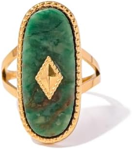 Elegant Western Chunky Statement Ring, Adjustable Yellow Gold-Plated Stainless Steel, 10*25MM African Jade Gemstone, Stackable & Hypoallergenic Fashion Ring for Women and Girls