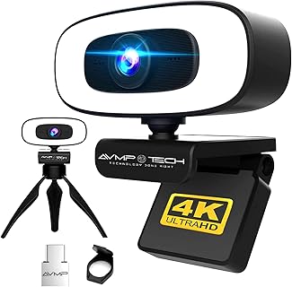 AVMPTECH 4K Webcam with Autofocus and Light, 2.8 Inch Screen, and 360 Degree Swivel Clip. Perfect for Students and Professionals for Online Meetings and Streaming