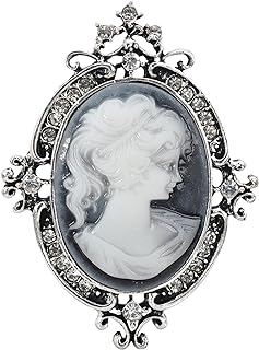 Gyn&Joy Vintage Style Cameo Victorian Lady Maiden Crystal Rhinestone Pin Brooch BZ037 (old silver)