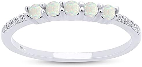 AFFY Five Stone Design, Dainty 14k Gold Plated 925 Sterling Silver Round Cut Created Opal And Cubic Zirconia Stackable Ring Jewelry For Women