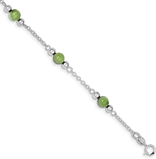 925 Sterling Silver Polished Green Dyed Jade Anklet 9 Inch Spring Ring Jewelry for Women
