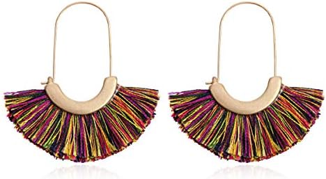 Bohemian Silky Thread Tassel Strand Fringe Statement Hoop Earrings - Lightweight Semi Circle Fan Threader, Mermaid Hoops