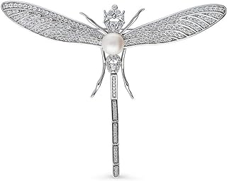 BERRICLE Sterling Silver Dragonfly White Button Freshwater Cultured Pearl Fashion Brooch Pin for Women, Rhodium Plated
