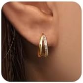 Cubic Zirconia Embellished Double Hoop Earrings in Yellow Gold-Plated Brass with Push-Back Fastening for Women - Hypoallergenic and Versatile Design