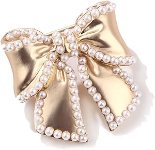 14k Gold Plated Bow Knot Lapel Brooch Pin Cultured Pearl Ribbon Bow Pins Clip Sweater Dress Suit Clothes Accessories Brooches Pins Fashion Christmas Birthday Jewelry Gifts for Women Girls Decor