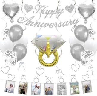 Silver 25th Wedding Anniversary Decoration Set with Latex Balloons, Photo Banner, and Hanging Swirls by Concico