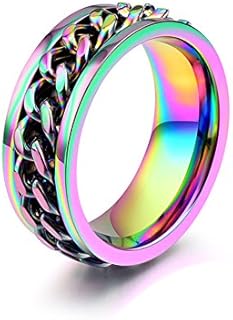 8mm Titanium Steel Rainbow Spinner Cuban Link Chain Lucky Ring for Men Women Wedding Ring