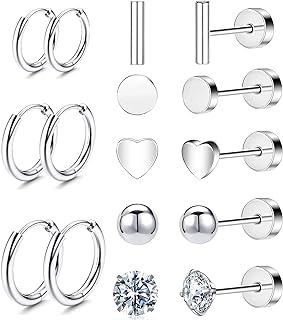 Versatile 8 Pairs Titanium Earrings for Sensitive Ears - Dot Ball Opal Cubic Zirconia, 20 Gauge, Pure Titanium Stud and Hoop Earrings Set - G23 Titanium Earrings with Flat Back for Women