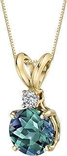 14K Yellow Gold Spring Ring Clasp Alexandrite Pendant Necklace with Diamond Accent, Box Chain for Women - Round Solitaire Design