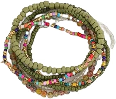 Pingyongchang Rice Beads Crystal Fringe Bracelet for Women Boho Colorful Handmade Stackable Bead Bracelets Set Multicolor Seed Layered Stretch Bracelets for Women Girls Party Gift Jewelry