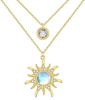 Moonstone Sun Pendant Necklace in 925 Sterling Silver with Cable Chain - Gold Plated Layered Design - Ideal Gift for Women & Girls