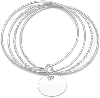 925 Sterling Silver Quad Cuff Bangle Set with Customizable Oval Tag - An Elegant, Stackable Women's Jewelry Gift Made in the USA