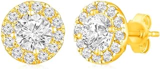 ARAIYA Fine Jewelry Mothers Day Present, 3/4 to 2 Carat Lab Grown Diamond Halo Stud Earrings with Push Back Mechanism in 14K Yellow Gold, 4-Prong Setting, D-E Color, VS Clarity, Perfect for Daily Wear or Special Events