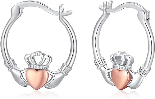 Claddagh Hoop Sterling Silver Earrings with Clutchless Design and Cubic Zirconia for Women and Girls