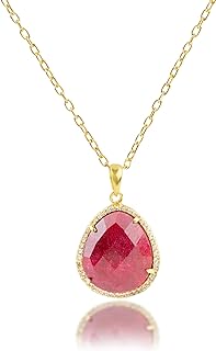 Rope Chain Ruby Beads Necklace with Spring Ring Clasp for Women, Pear Design - 7 Ct Gold-Plated Sterling Silver from India