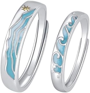 Mountain Sea Couples Rings Set For Him And Her S925 Sterling Silver White Gold Dainty Classic Matching Promise Finger Band Ring For Women Men Adjustable Wedding Engagement Valentine's Day Jewelry