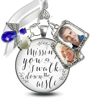 Bouquet Photo Charm Wedding Memory Something Blue Angel - I Know You'd Be Here If Heaven Honor Love One, Silver Finish Handmade Bridal Jewelry White Glass Pendant 2 Frames Gift Message & Box for Bride