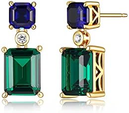 18K Yellow Gold Plated Sterling Silver Emerald Green Dangle Earrings with Cubic Zirconia and Nano Stone for Women - Elegant Drop Design with Push Back Security