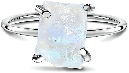 Moon Magic - Authentic Moonstone, Amethyst, Rose Quartz, Aquamarine Rings/Real 925 Sterling Silver - 18K Rose Gold Raw Cristal Rings for Women/Genuine Jewelry
