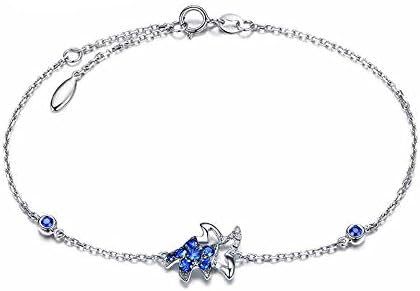Solid 18k White Gold Natural Blue Sapphire Diamond Starfish Women Bracelet Bangle Infinity Long Chain