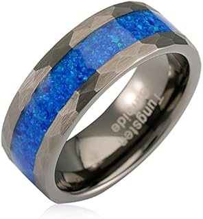 Tungsten Clasp Hammered Wedding Ring with Blue Opal Inlay for Men, Intricate Gunmetal Design