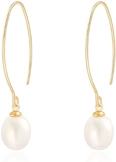 Aobei Pearl Raw Turquoise/Shell Pearl Drop Dangle Earrings 18K Gold Long Hook Wire Threader Earrings for Women Bohemian Ear Jewelry Gift for Her