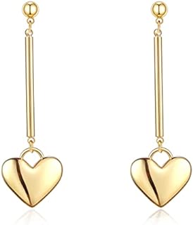 Cowlyn Heart Earrings Love Pendant Long 925 Silver Needle 14K Gold Dangle Drop Stud Cute Jewelry Valentines Day Gift for Women Girls