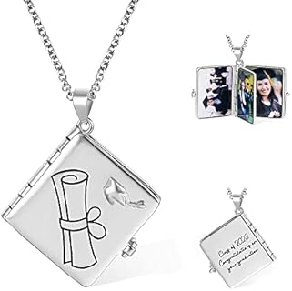 AILIN Personalized 4-Picture Locket Necklace with Rolo Chain and Cubic Zirconia - Class of 2023 Graduation Memorial Gift for Women