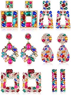 Kigeli 6 Pairs Rhinestone Rectangle Statement Earrings for Women Crystal Geometric Drop Dangle Earrings Colorful Square Teardrop Diamond Bejeweled Earrings for Prom Party Jewelry Gifts Collection