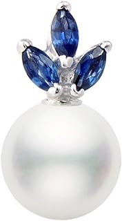 14k White Gold Clasp, Japanese Akoya Cultured Pearl Pendant With Blue Sapphire Gem, Women's Elegant Round Design