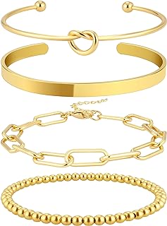 Women's Trendy Stackable 14K Gold Plated Bangle & Cuff Bracelet Set - Reoxvo Non-Tarnish Brass with Bead Chain & Lobster Claw Clasp