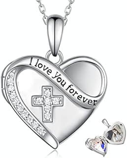 925 Sterling Silver Cross Locket Necklace with Lobster Claw and Rolo Chain, Cubic Zirconia Detailing for Women, Heart Design