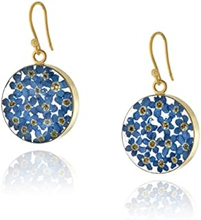 Blue Dangled Sterling Silver Pressed Flower Circle Drop Earrings with French Wire for Women