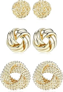 FIBO STEEL 3 Pair Set for Women & Men - 14K Gold Plated Woven Ball Stud Earrings with Push-back Back Finding and Cubic Zirconia Gem