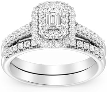 GILDED Wedding Ring Set | 925 Sterling Silver Rings | 3/4 Carat Emerald Shaped Lab grown Diamond Engagement Rings for Women | Sterling Silver Wedding Ring Set | Silver Ring Set | Wedding Band Size 7