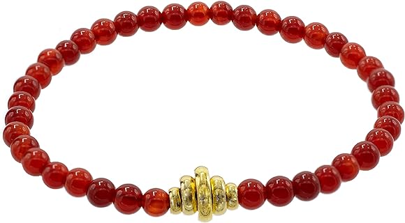 No-Clasp Red-Agate (Carnelian) Bead Bracelet with Gold-Toned Metal Centerpieces for Men and Women - 6.5 inches Bead Chain Design