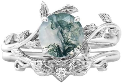Women's 10K/14K/18K Gold Moss Agate and Moissanite Engagement Ring Set - Unique Wedding Band with Natural Gems - Personalized Free Engraving Options