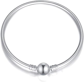 LONAGO 925 Sterling Silver Bangle Charm Bracelet with Snap Clasp, Perfect for Personalized Snake Charm Beads, Elegant Birthday Gift for Women and Moms