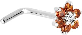 14k White Gold Nose Ring with Orange and Clear Cubic Zirconia Flower Design for Elegant Women