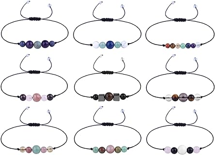COLORFUL BLING Multistyle Healing Crystal Stone Bead Strand Card Bracelets Handmade Adjustable Wax Rope Yoga Amethyst Tigereye Chakra Bracelets for Women Men Meditation Relax Anxiety Jewelry Gift