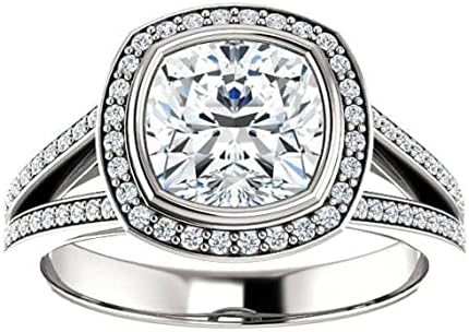 Nitya Jewels 3 CT Cushion Diamond Moissanite Engagement Ring Wedding Ring Band Solitaire Halo Hidden Prong Silver Jewelry Anniversary Promise Ring