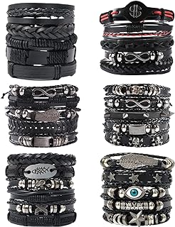 Onyx-Embellished WAINIS Leather Bead Bracelet Set for Men with Braided Chain and Buckle Clasp, Handmade Punk Rock Designs