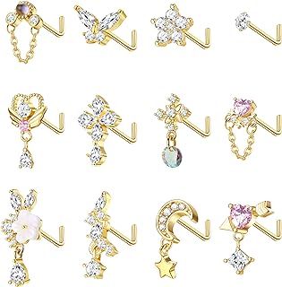 Stylish Collection of Thunaraz 12Pcs 20G Dangle Nose Rings in L Shape for Women - High Quality Stainless Steel - Variety Designs Including Cubic Zirconia, Cross, Butterfly, Heart, and Flower