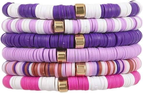 COLORFUL BLING 6Pcs/Set Bohemia Heishi Clay Surfer Bead Stretch Bracelets Vinyl Disc Polymer Stackable Layering Bracelet Set Preppy Summer Beach Jewelry for Women Girls