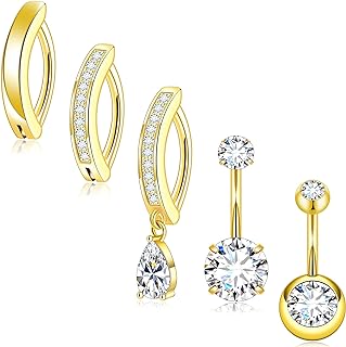 Gold Plated Cubic Zirconia Small Hoop Belly Button Rings for Women - Clicker Design Surgical Stainless Steel Navel Jewelry