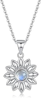 Angol 925 Sterling Silver Dainty Sunflower Pendant Necklace Rainbow Moonstone Silver Daisy Flower Charm Chain Necklace Everyday Jewelry for Her